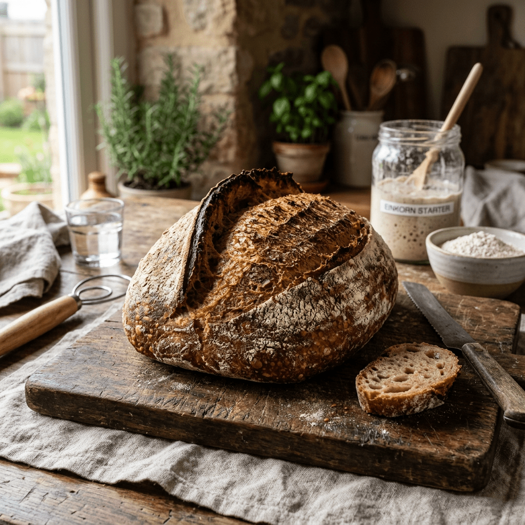 Crusty sourdough bread loaf with a sliced piece on a wooden board