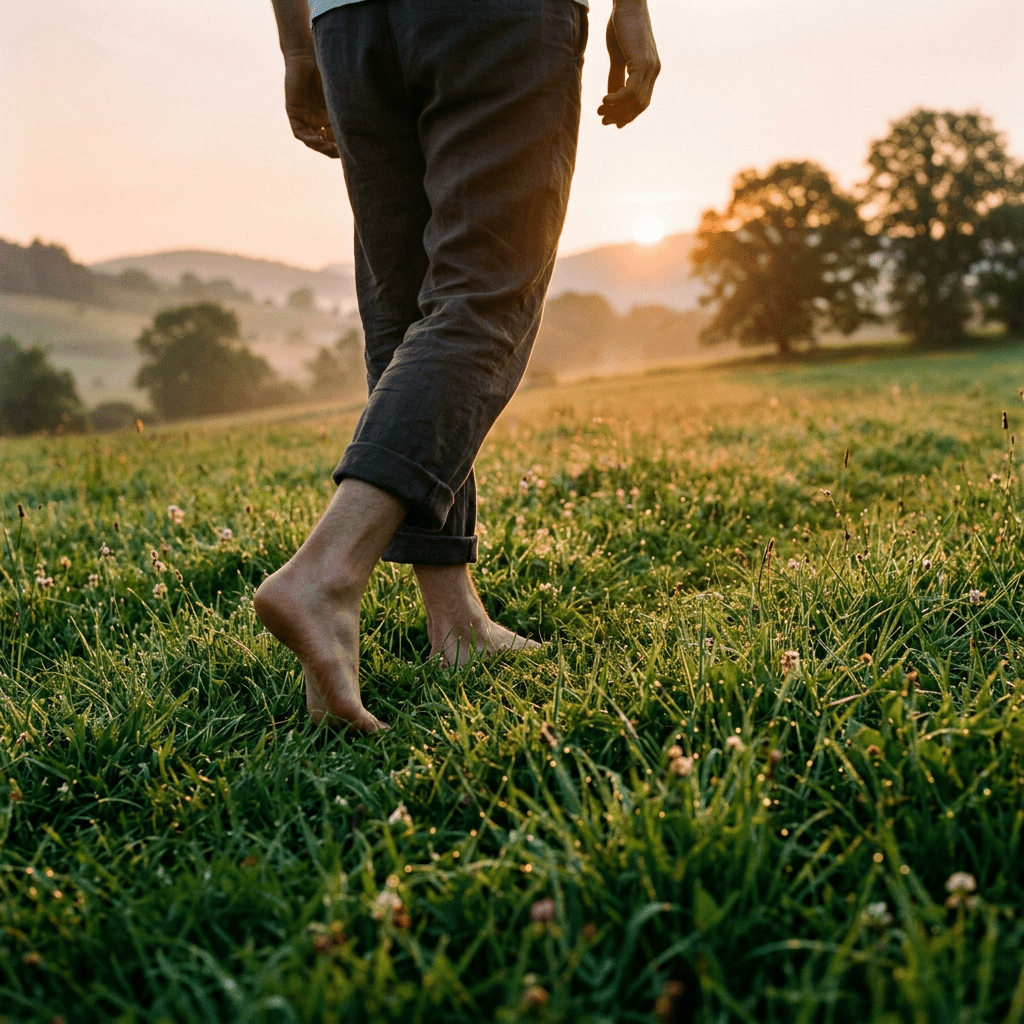 Person's bare feet walking on grassy field with sunlight