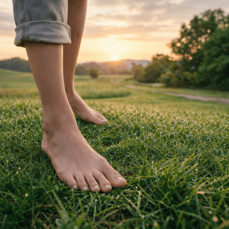 Bare feet on wet grass with sunrise over hills in the background