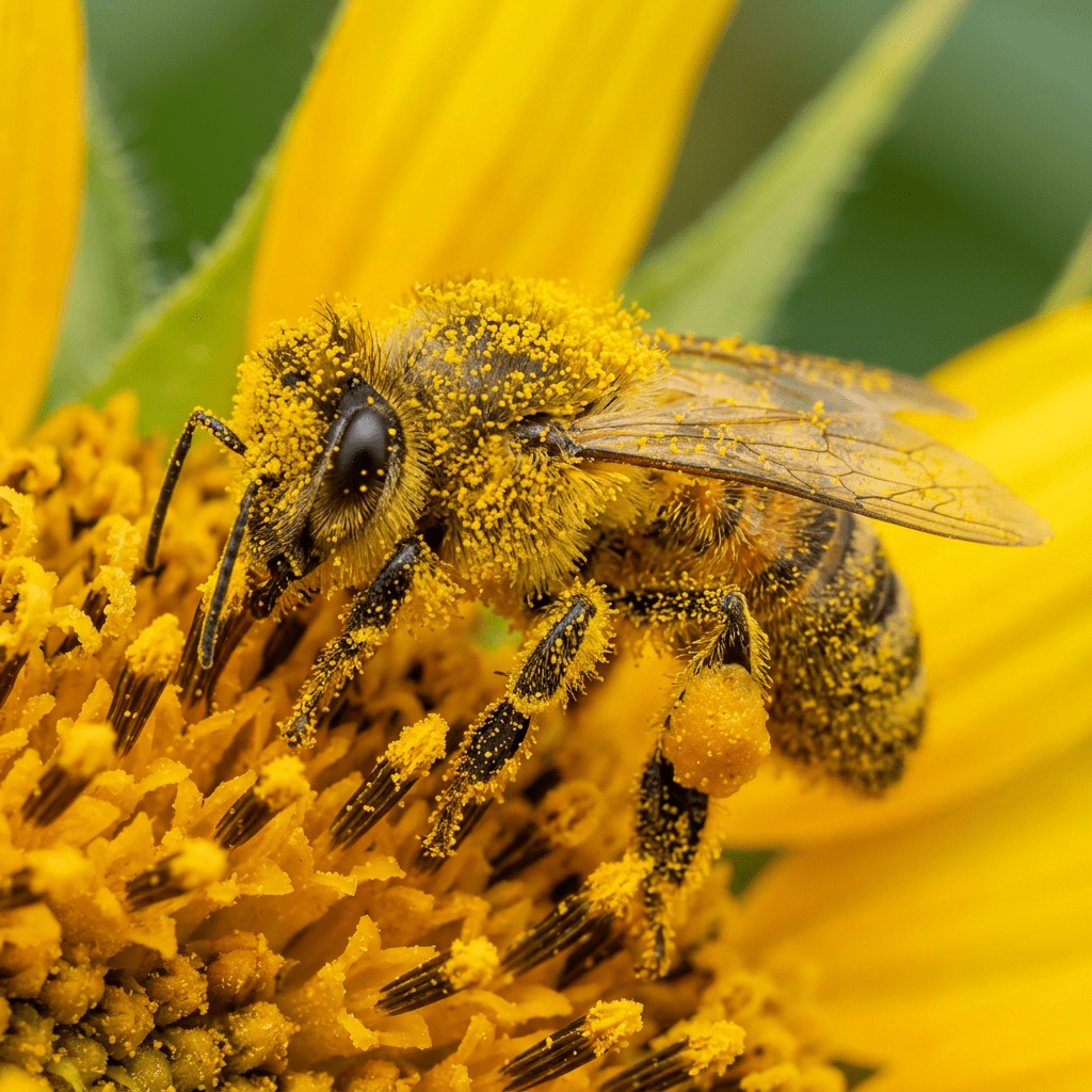 Close-up of a honeybee covered in yellow pollen on a sunflower