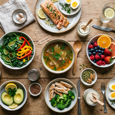 Healthy meal with salmon, bone broth soup, salad with bell peppers, avocado, grilled chicken with broccoli, boiled eggs, fresh berries, nuts, and seeds