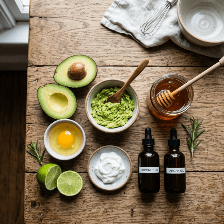 Avocado halves, egg yolk, lime halves, whipped cream, coconut oil, argan oil, honey with dipper, and rosemary on wooden table