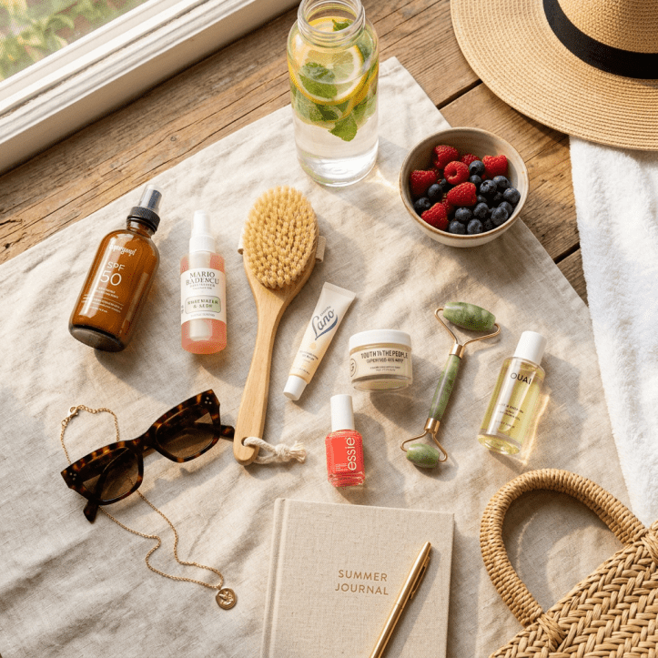 Summer self-care items on cloth including sunscreen, facial spray, brush, skincare products, sunglasses, nail polish, jade roller, journal, and a bowl of berries
