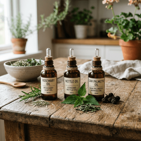 Three amber bottles labeled rosemary oil, nettle oil, and saw palmetto oil with fresh herbs and berries on a wooden table